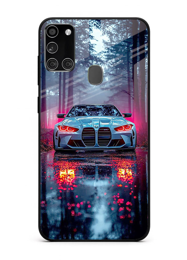 Racing drift car design on premium tempered glass Samsung A21s back cover