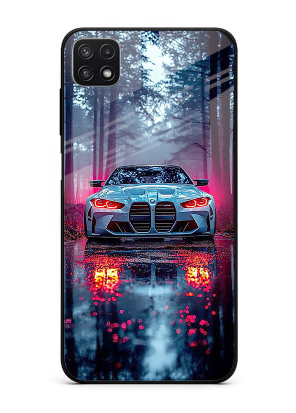 Racing drift car design on premium tempered glass Samsung A22 5G back cover