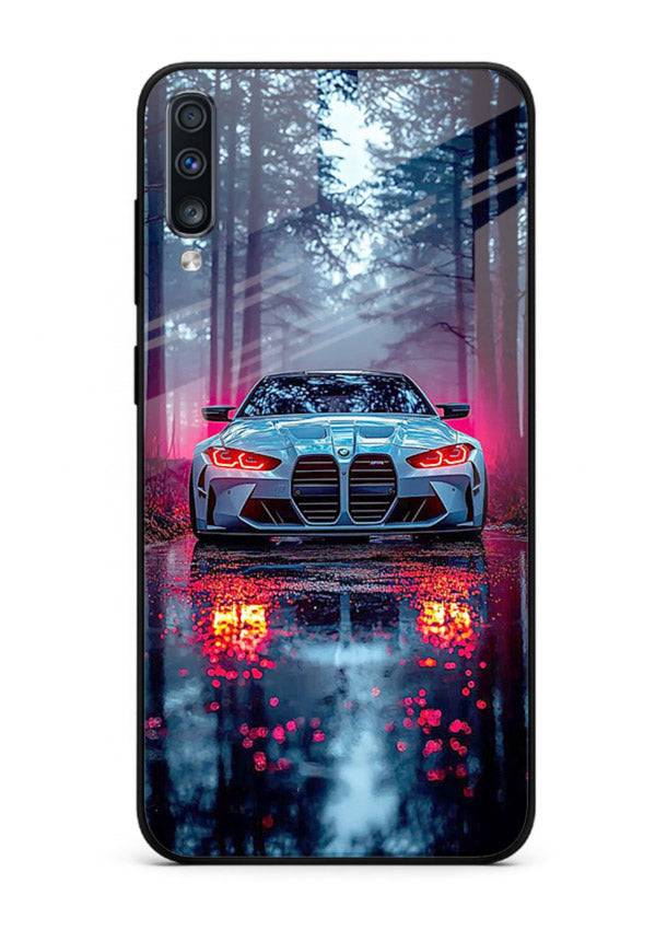 Racing drift car design on premium tempered glass Samsung A50 back cover
