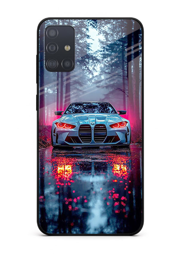 Racing drift car design on premium tempered glass Samsung A51 back cover