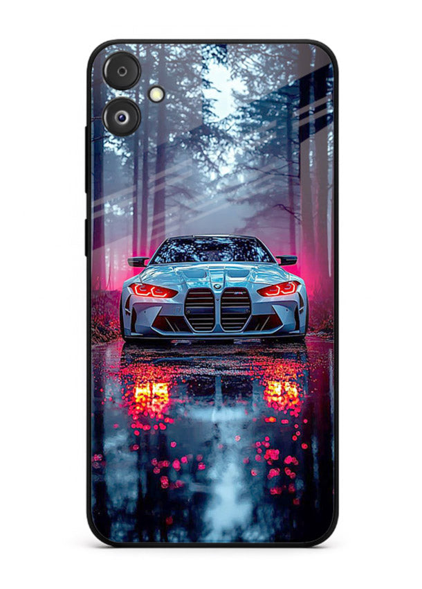 Racing drift car design on premium tempered glass Samsung F05 5G back cover