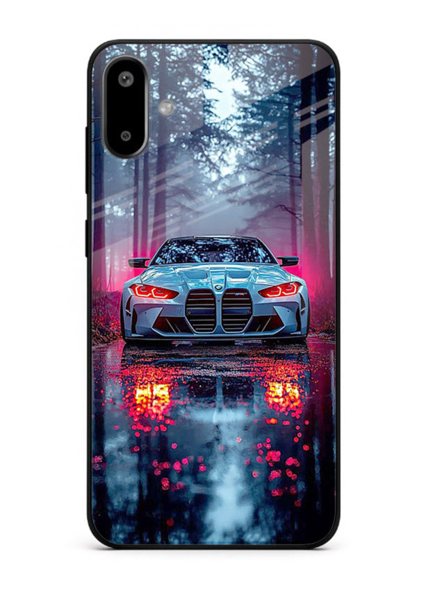 Racing drift car design on premium tempered glass Samsung F06 5G back cover