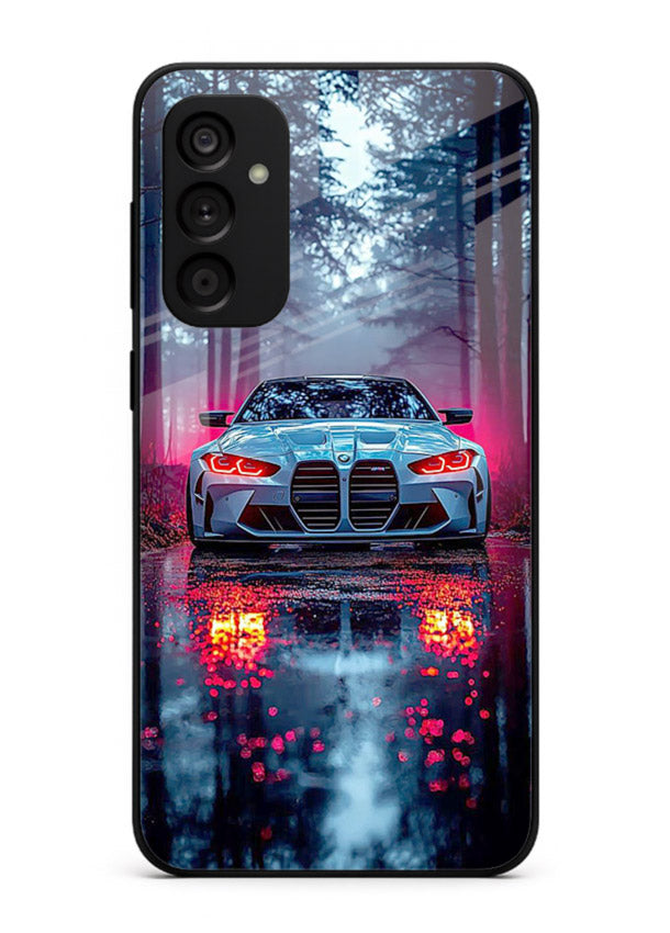 Racing drift car design on premium tempered glass Samsung A14 5G back cover