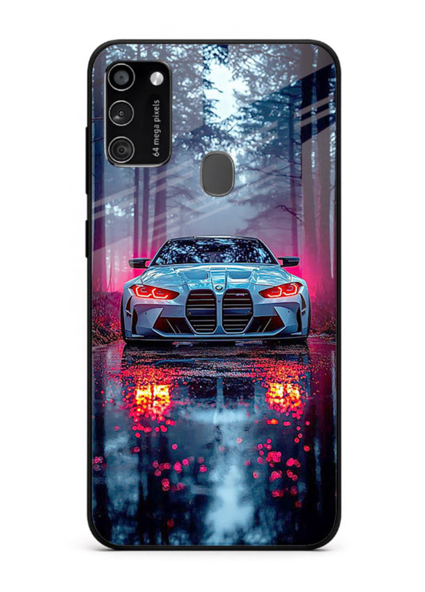 Racing drift car design on premium tempered glass Samsung M21 back cover