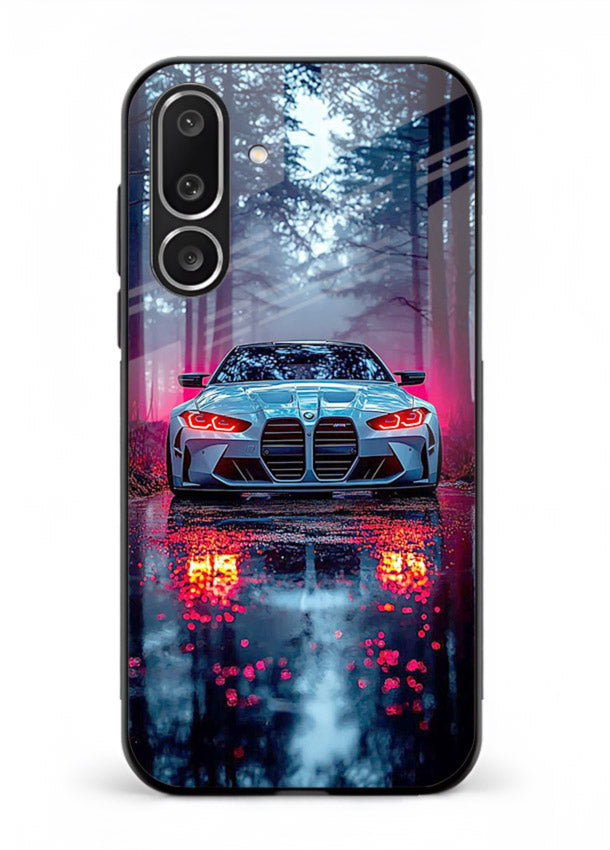 Racing drift car design on premium tempered glass Samsung M56 5G back cover
