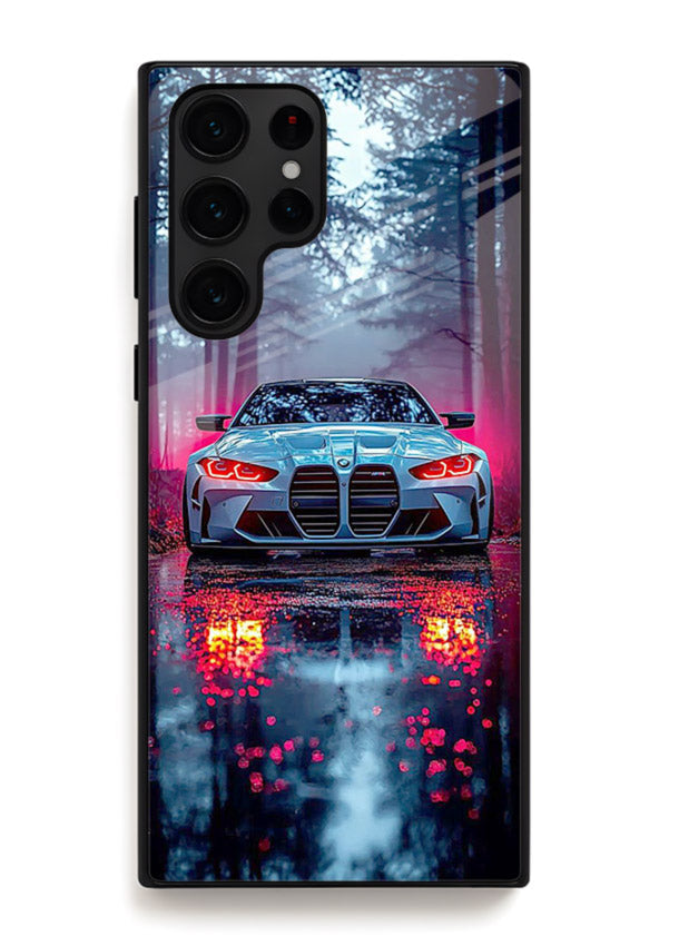 Racing drift car design on premium tempered glass Samsung S24 Ultra back cover