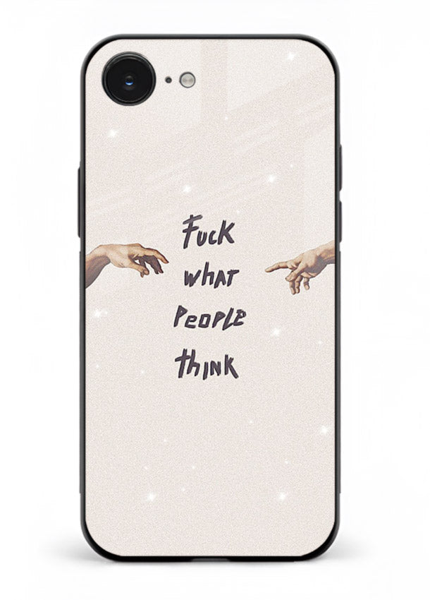 Bold handwritten quote printed on iphone 16e glass back cover with clean minimal styling.