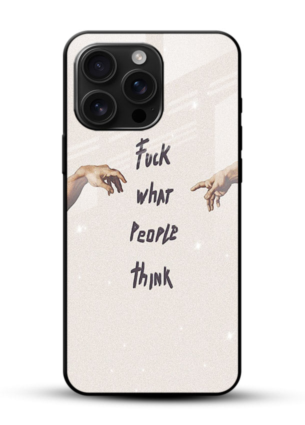 Bold handwritten quote printed on glossy vibrant premium glass back cover with clean minimal styling. - Angle Front
