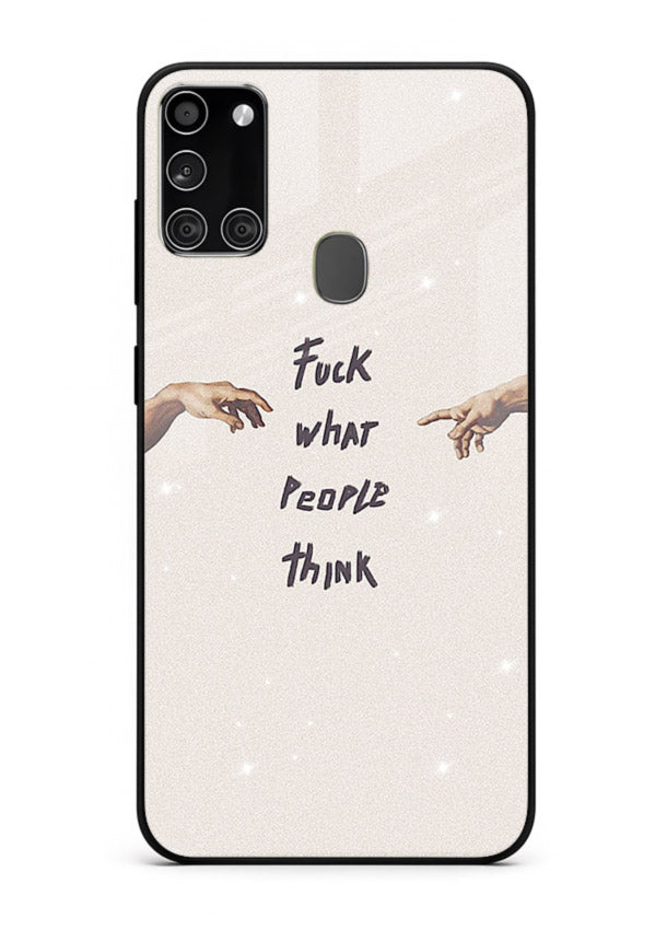 Bold handwritten quote printed on Samsung A21s glass back cover with clean minimal styling.