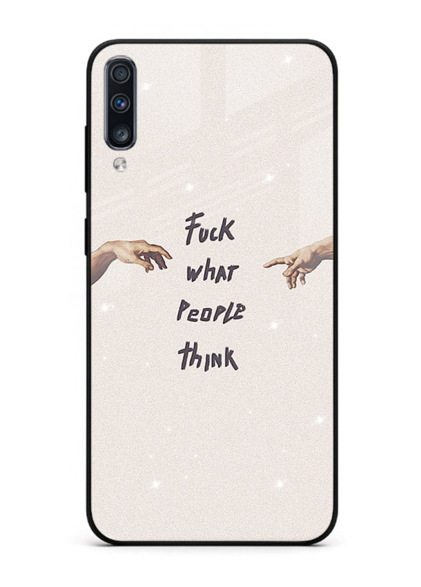 Bold handwritten quote printed on Samsung A70 glass back cover with clean minimal styling.