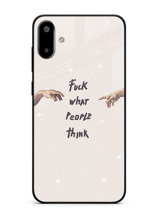 Bold handwritten quote printed on Samsung F06 5G glass back cover with clean minimal styling.