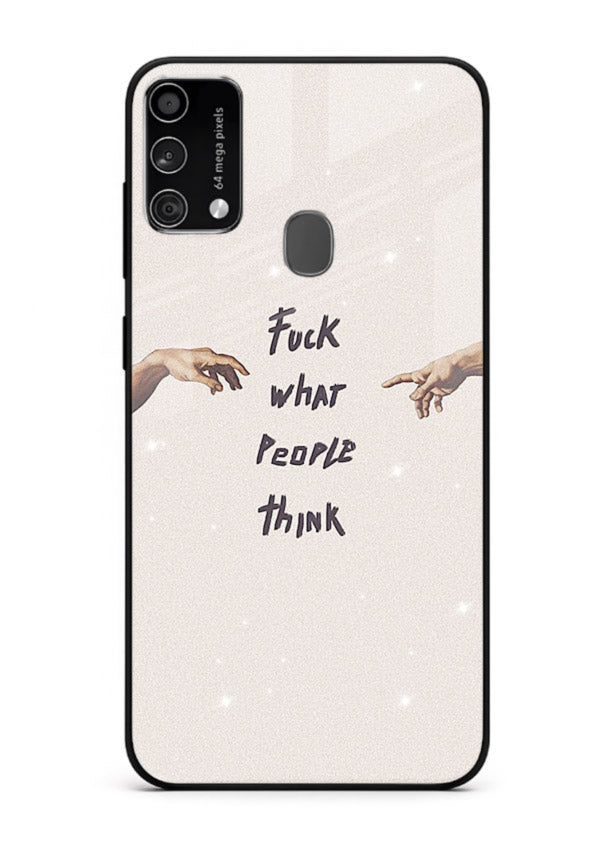 Bold handwritten quote printed on Samsung F41 glass back cover with clean minimal styling.