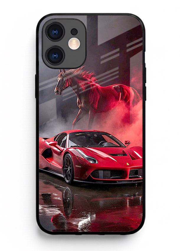 Red supercar with horse silhouette printed on tempered glass iPhone 12 back cover
