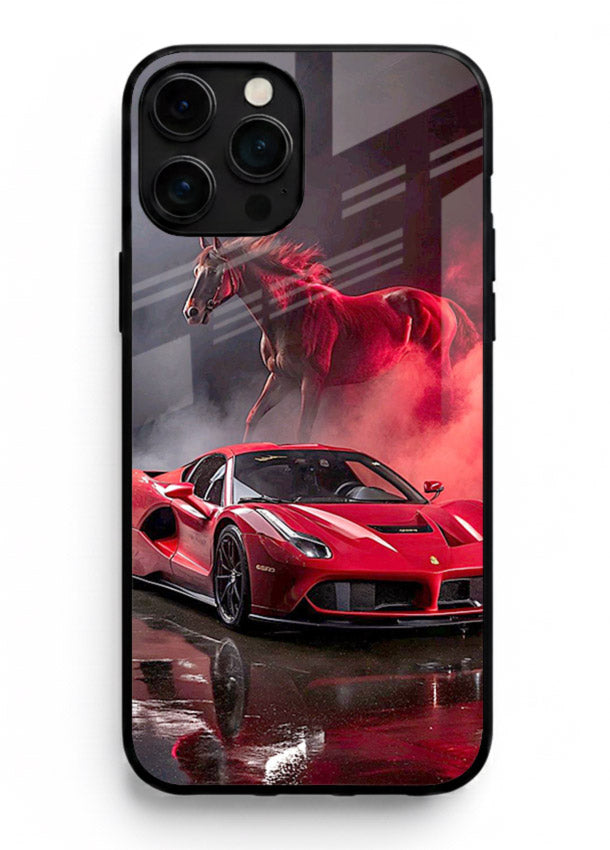 Red supercar with horse silhouette printed on tempered glass iPhone 16 Pro Max back cover