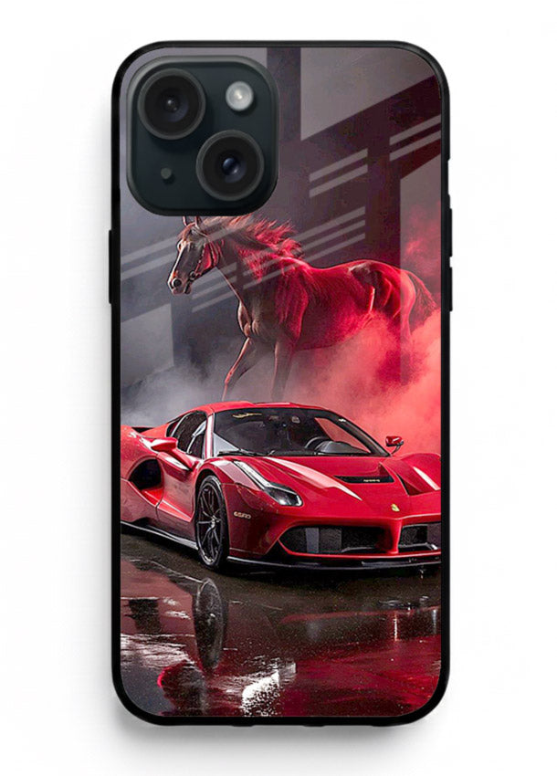 Red supercar with horse silhouette printed on tempered glass iPhone 13 Mini back cover