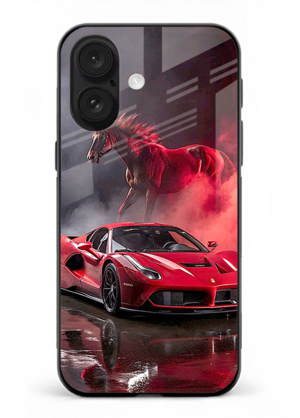 Red supercar with horse silhouette printed on tempered glass iPhone 16 back cover
