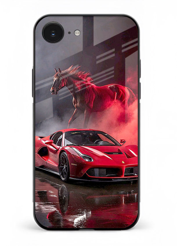 Red supercar with horse silhouette printed on tempered glass iPhone 16E back cover