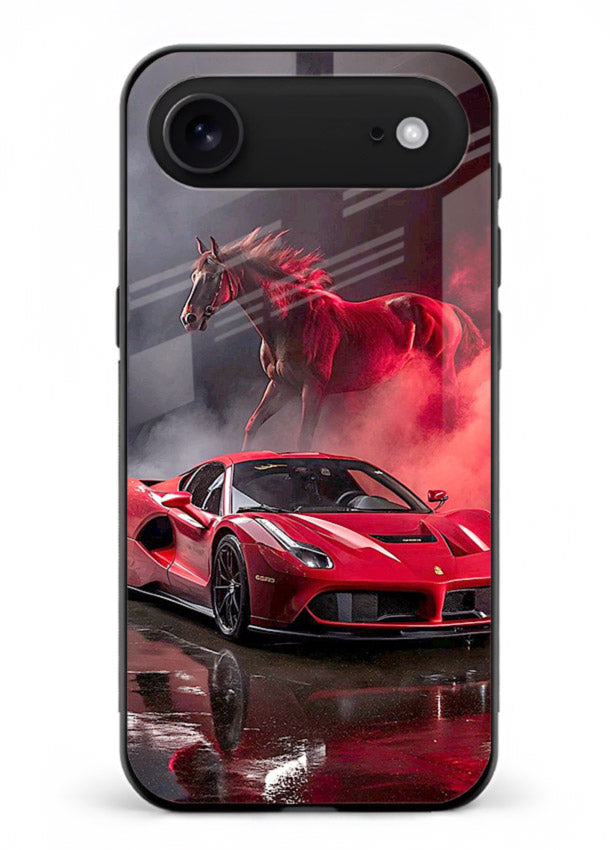 Red supercar with horse silhouette printed on tempered glass iPhone 18 Air back cover