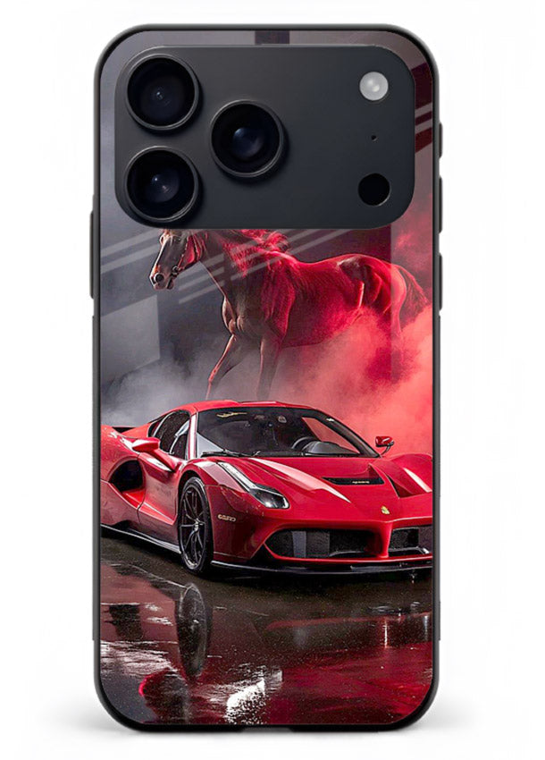 Red supercar with horse silhouette printed on tempered glass iPhone 18 Pro Max back cover