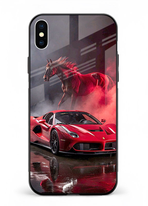 Red supercar with horse silhouette printed on tempered glass iPhone XS Max back cover