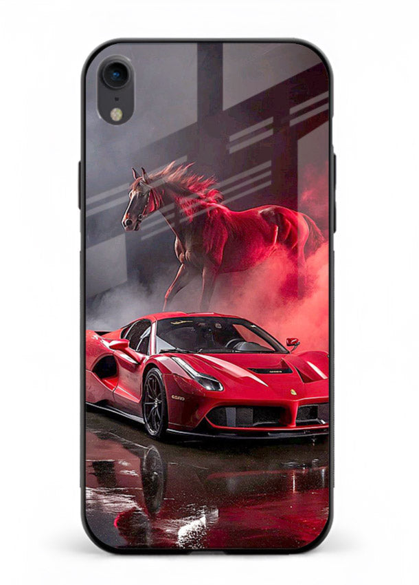 Red supercar with horse silhouette printed on tempered glass iPhone XR back cover