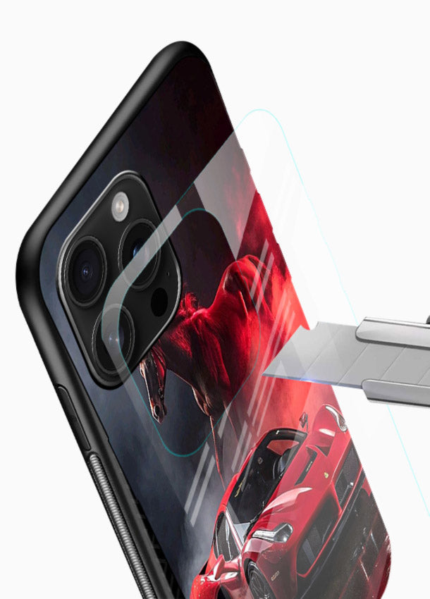 Red supercar with horse silhouette printed on tempered glass mobile cover - 4