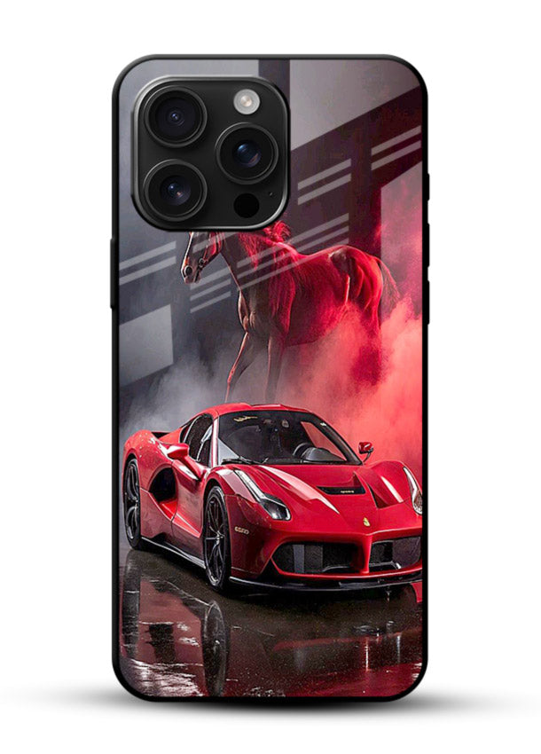 Red supercar with horse silhouette printed on tempered glass mobile cover - 1