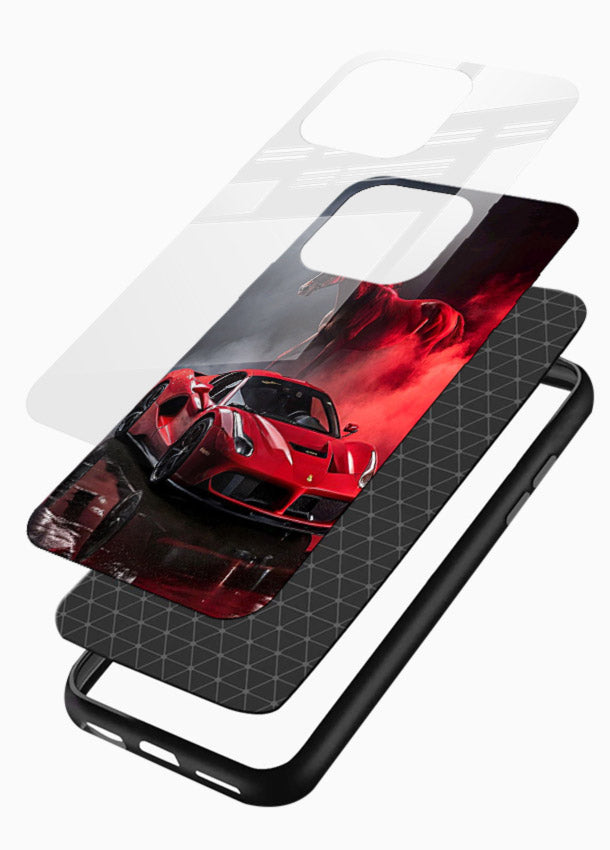 Red supercar with horse silhouette printed on tempered glass mobile cover - 3