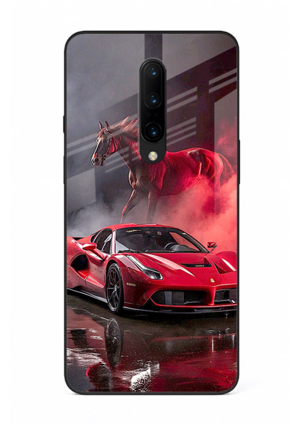 Red supercar with horse silhouette printed on tempered glass OnePlus 7T Pro back cover