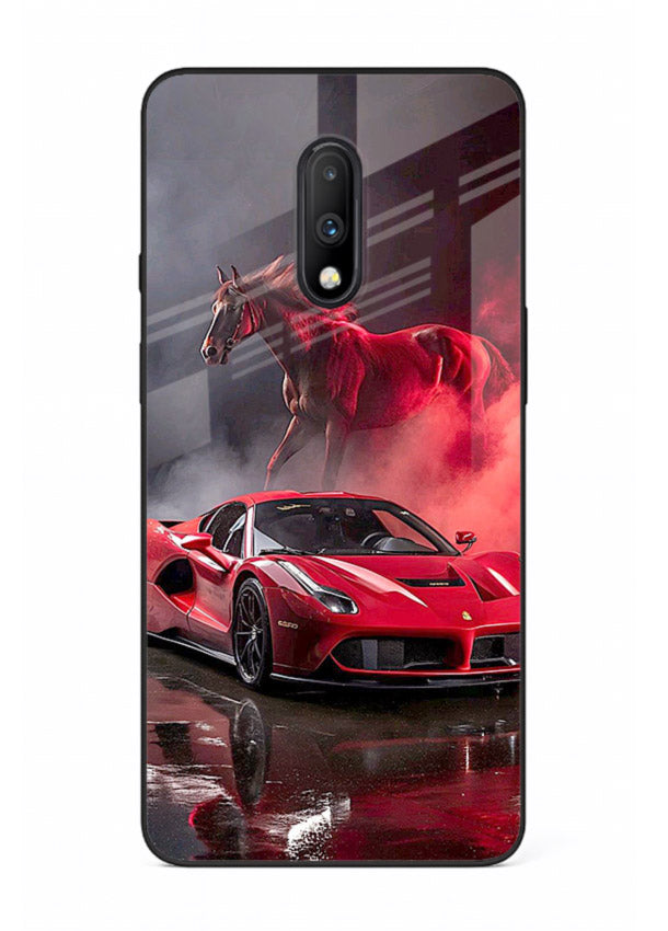 Red supercar with horse silhouette printed on tempered glass OnePlus 7 back cover