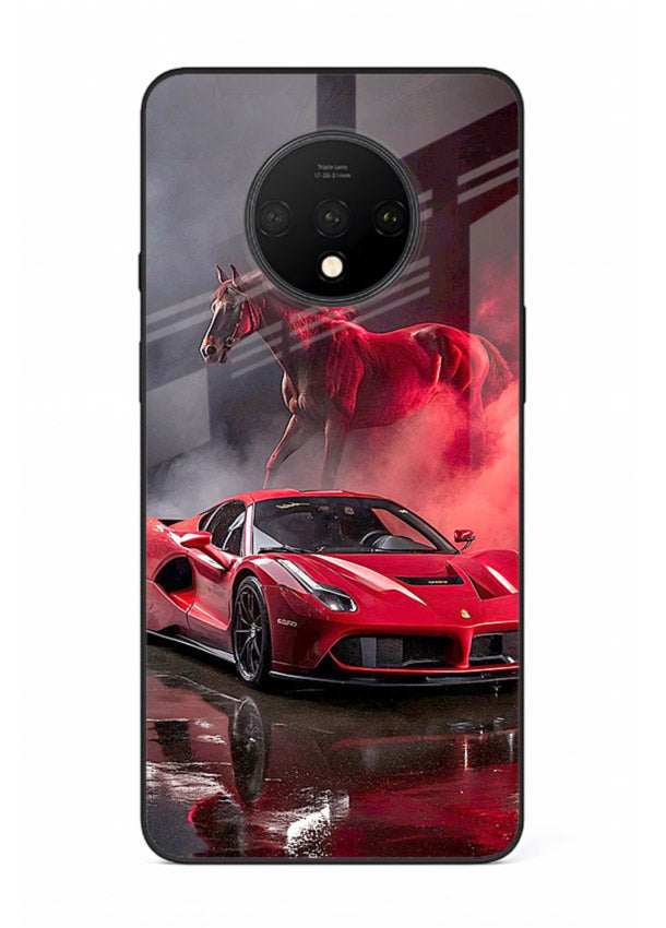 Red supercar with horse silhouette printed on tempered glass OnePlus 7T back cover