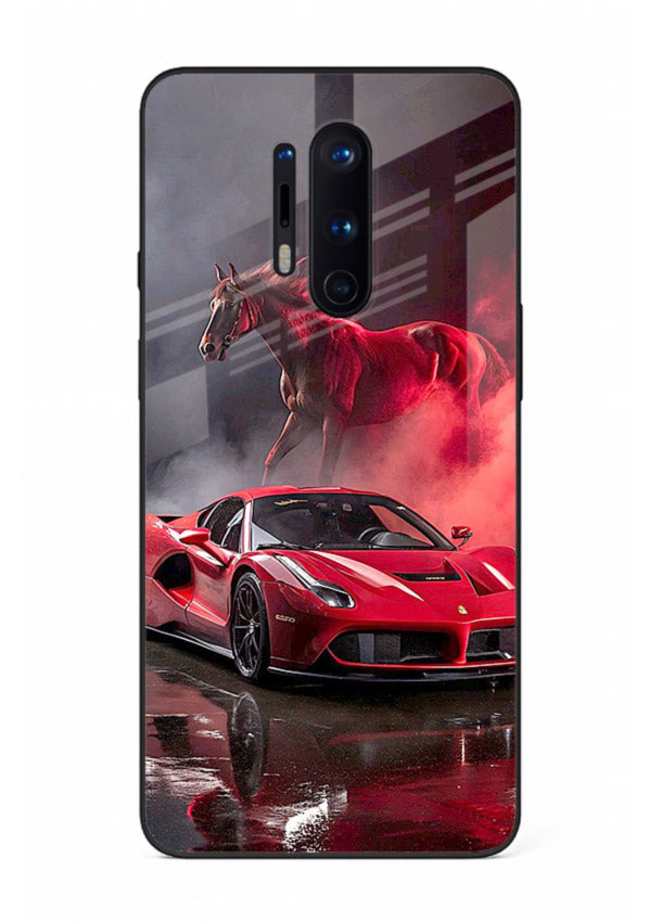 Red supercar with horse silhouette printed on tempered glass OnePlus 8 Pro back cover