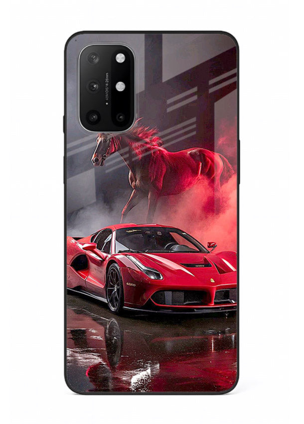 Red supercar with horse silhouette printed on tempered glass OnePlus 8T back cover