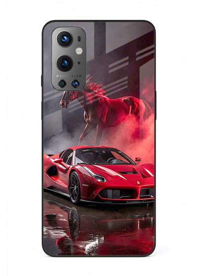 Red supercar with horse silhouette printed on tempered glass OnePlus 9 back cover