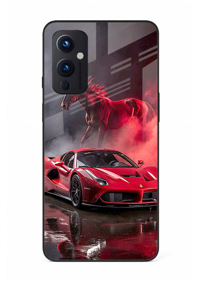 Red supercar with horse silhouette printed on tempered glass OnePlus 9 Pro back cover