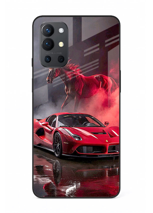 Red supercar with horse silhouette printed on tempered glass OnePlus 9R back cover