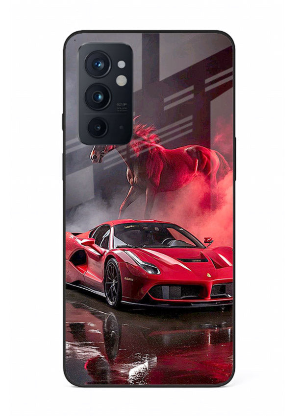 Red supercar with horse silhouette printed on tempered glass OnePlus 9RT back cover