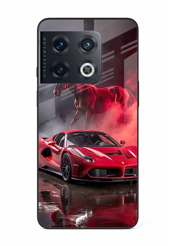 Red supercar with horse silhouette printed on tempered glass OnePlus 10 Pro back cover