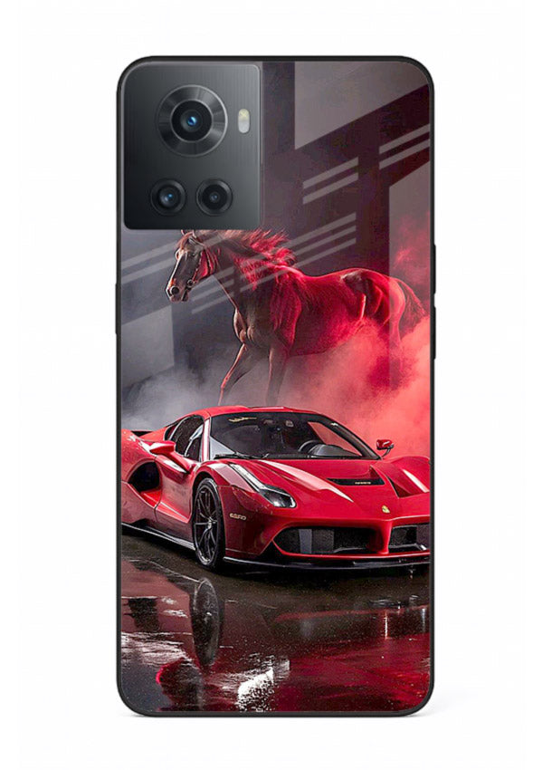 Red supercar with horse silhouette printed on tempered glass OnePlus 10R back cover