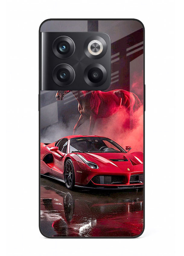 Red supercar with horse silhouette printed on tempered glass OnePlus 10T back cover