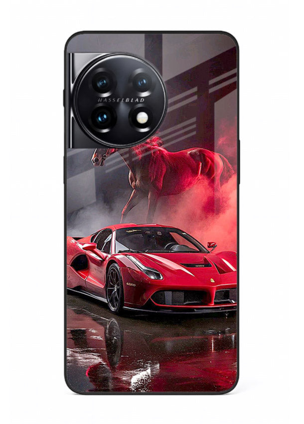 Red supercar with horse silhouette printed on tempered glass OnePlus 11 back cover