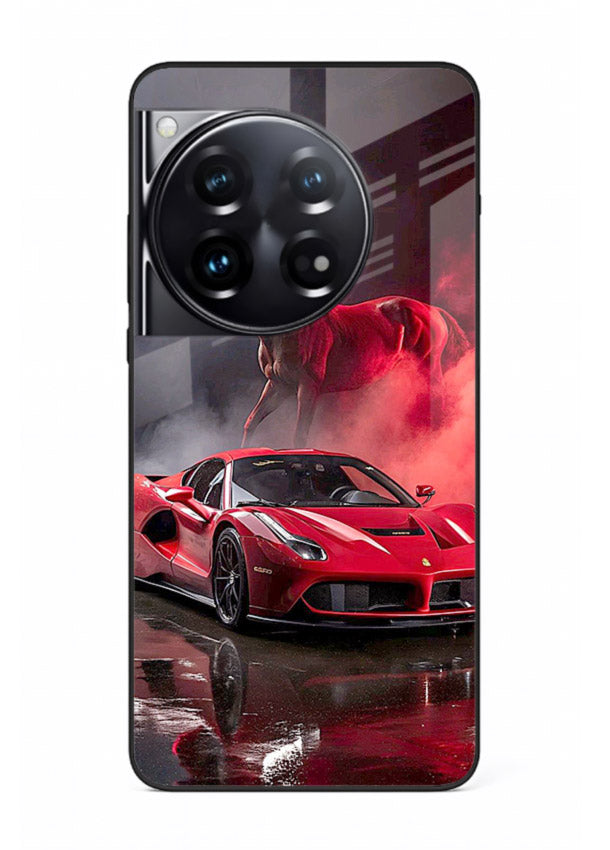Red supercar with horse silhouette printed on tempered glass OnePlus 12 back cover