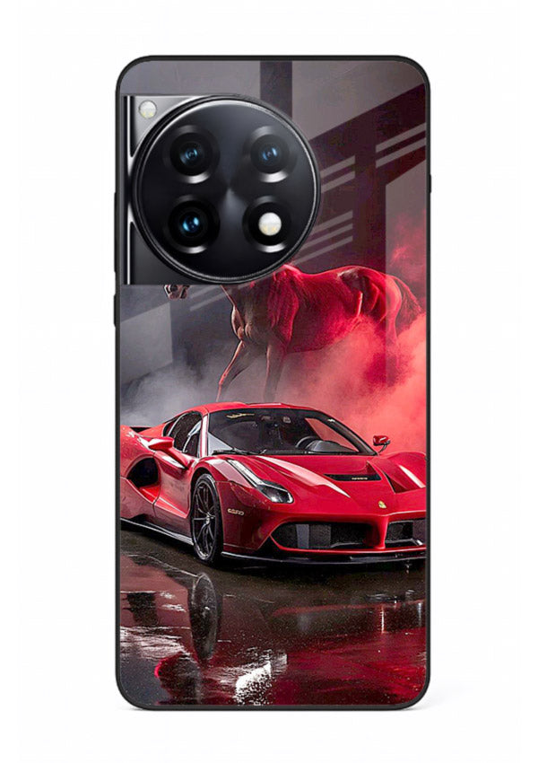 Red supercar with horse silhouette printed on tempered glass OnePlus 12R back cover