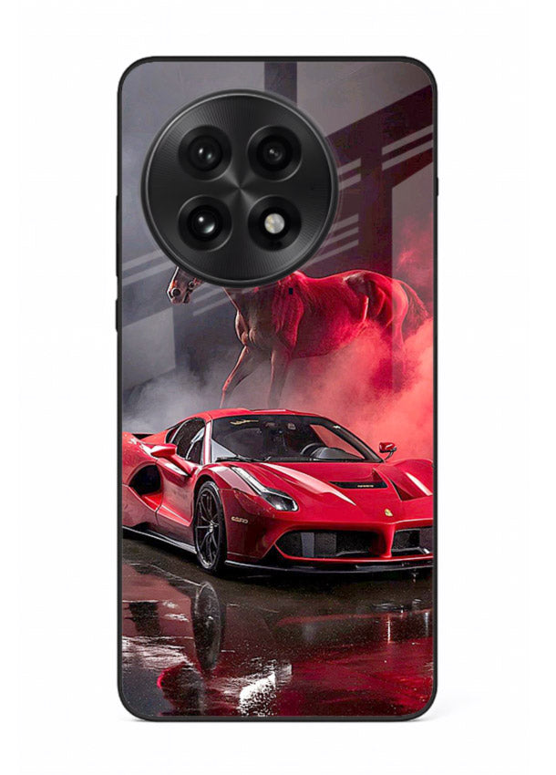 Red supercar with horse silhouette printed on tempered glass OnePlus 13R back cover
