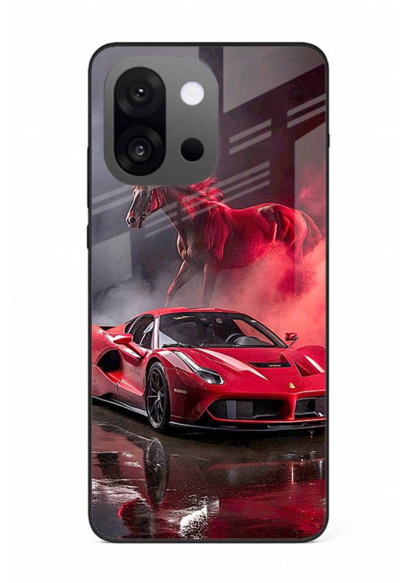 Red supercar with horse silhouette printed on tempered glass OnePlus 13s back cover