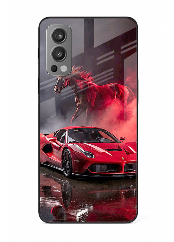 Red supercar with horse silhouette printed on tempered glass OnePlus Nord 2 back cover