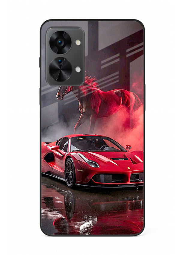 Red supercar with horse silhouette printed on tempered glass OnePlus Nord 2T back cover