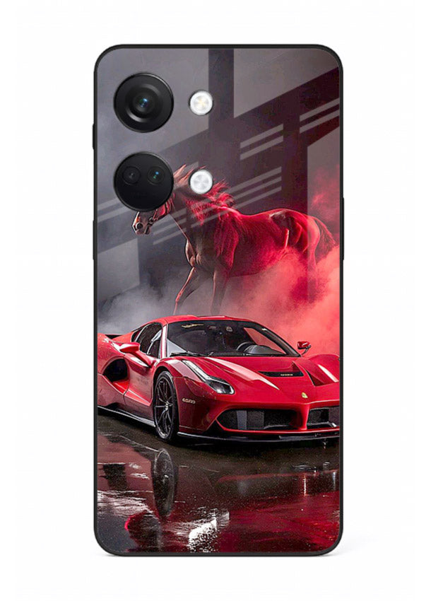 Red supercar with horse silhouette printed on tempered glass OnePlus Nord 3 back cover