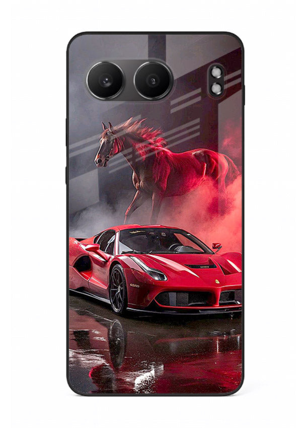 Red supercar with horse silhouette printed on tempered glass OnePlus Nord 4 back cover