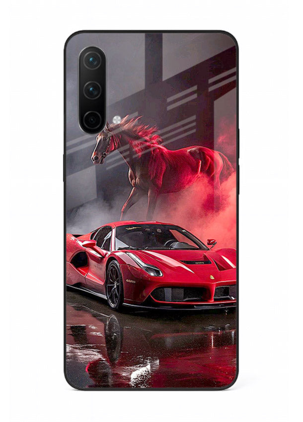 Red supercar with horse silhouette printed on tempered glass OnePlus Nord CE 5G back cover